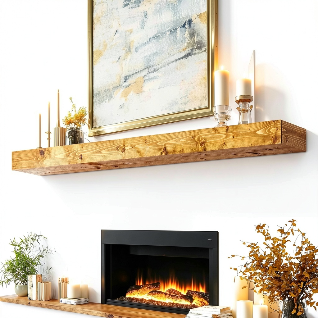 Rustic pine mantel mounted above a fireplace in a living room