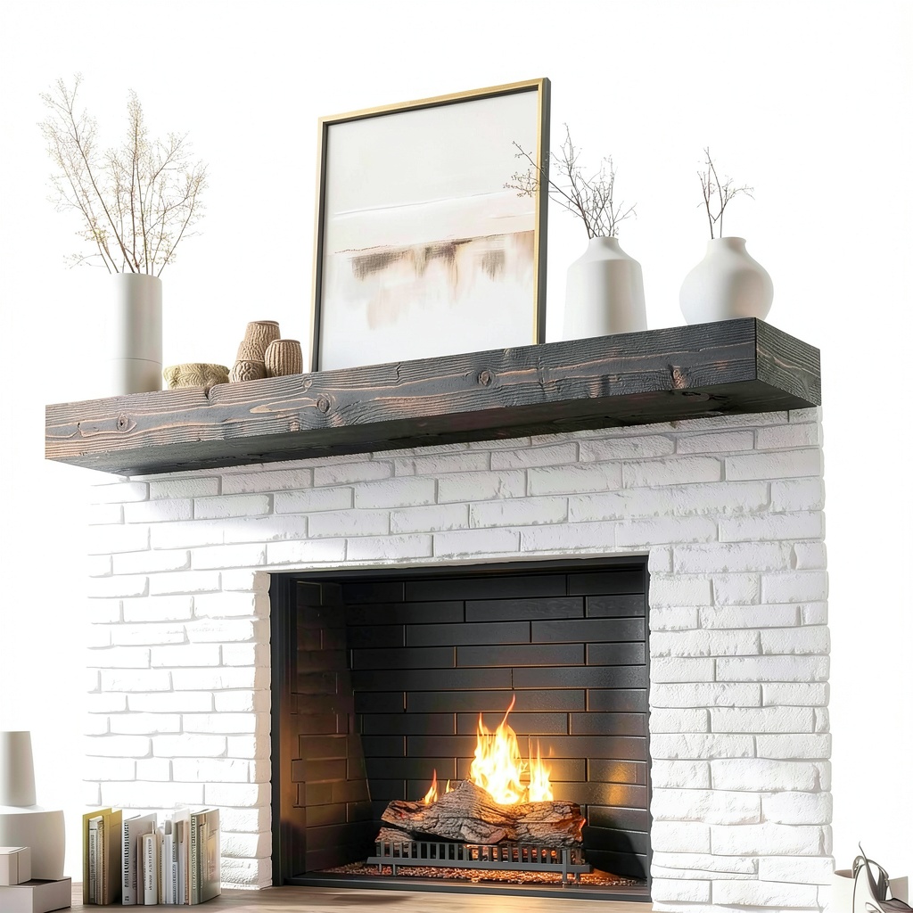 Weathered Black Rustic Mantel installed above a fireplace