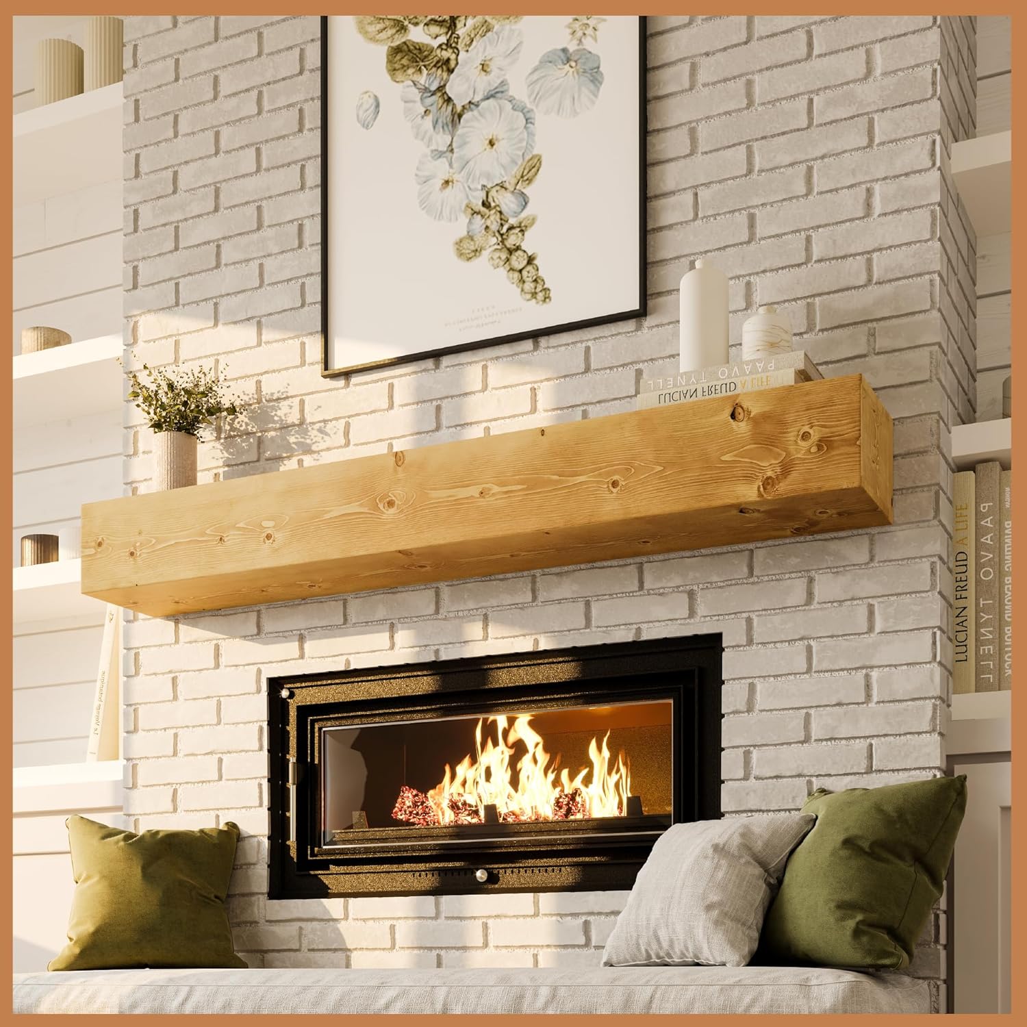 Avana Rustic Natural Wood Fireplace Mantel Shelf mounted above a fireplace