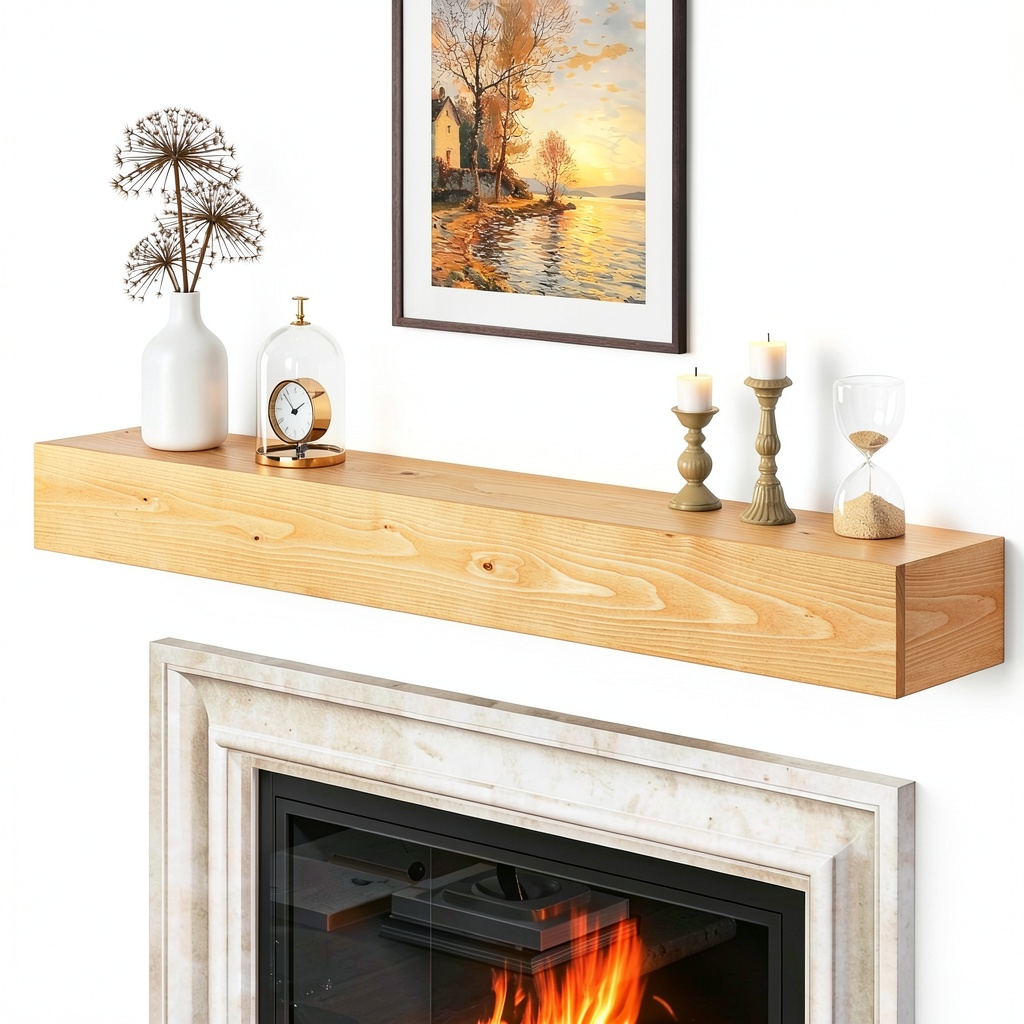 Rustic solid wood fireplace mantel mounted on a brick wall in a living room