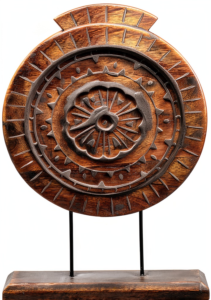 Wooden mandala décor on a living room mantel
