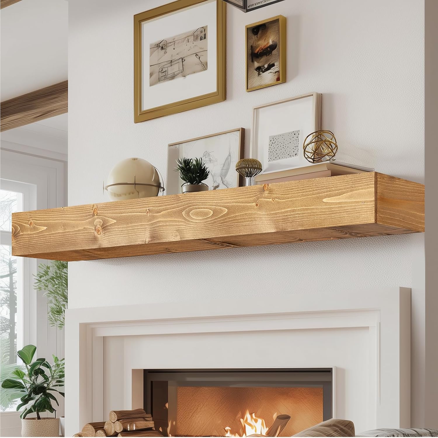 ABSWHLM rustic fireplace mantel installed in a living room